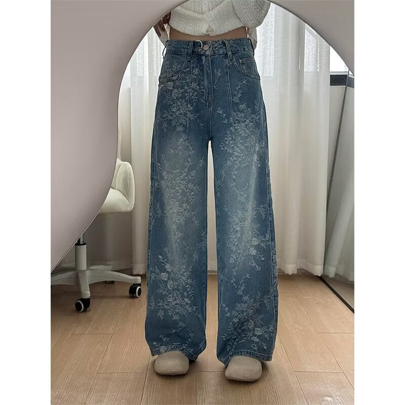 Damen Weite Bein Jeans mit floralem Jacquard-Muster ✨