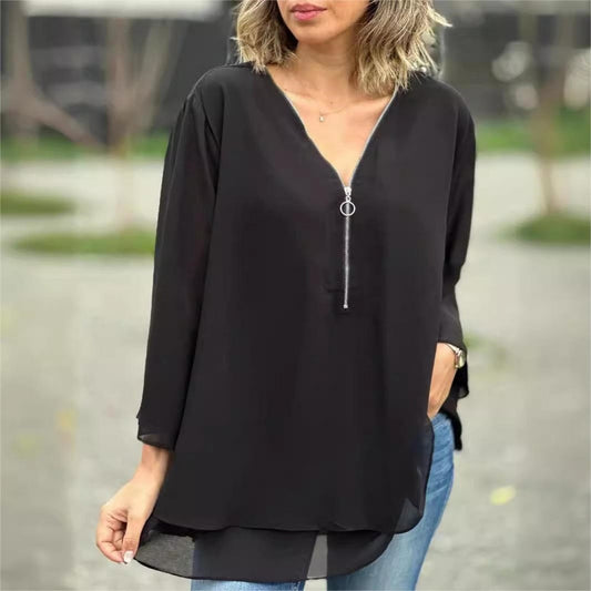 ✨Damen Doppelschichtiges 3/4-Ärmel Top – V-Ausschnitt mit verstellbarem Metallreißverschluss