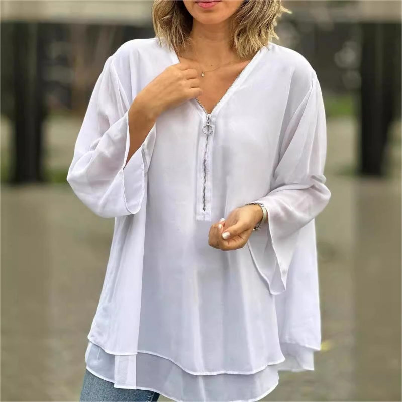 ✨Damen Doppelschichtiges 3/4-Ärmel Top – V-Ausschnitt mit verstellbarem Metallreißverschluss