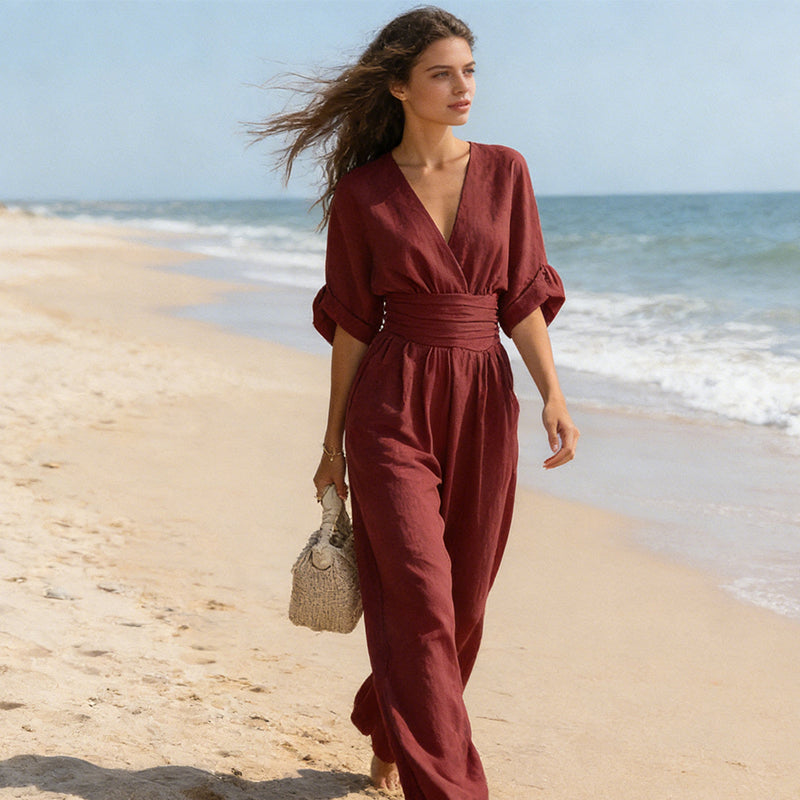 💖💃 Eleganter Jumpsuit mit V-Ausschnitt und weitem Bein – Elegant & Modern!