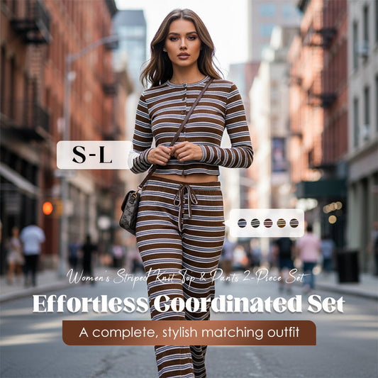 💎54% RABATT! 💎 Damen gestreiftes Strick-2-teiliges Set – Weiches Stretchgewebe, Knopf-Crop-Top & Hosenträgerhose mit Kordelzug