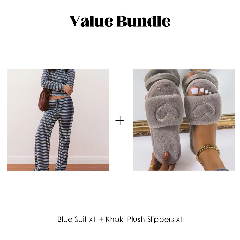 💎54% RABATT! 💎 Damen gestreiftes Strick-2-teiliges Set – Weiches Stretchgewebe, Knopf-Crop-Top & Hosenträgerhose mit Kordelzug