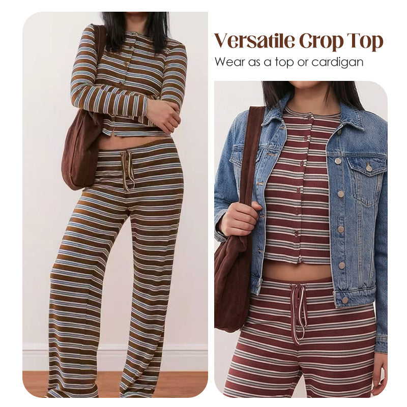 💎54% RABATT! 💎 Damen gestreiftes Strick-2-teiliges Set – Weiches Stretchgewebe, Knopf-Crop-Top & Hosenträgerhose mit Kordelzug