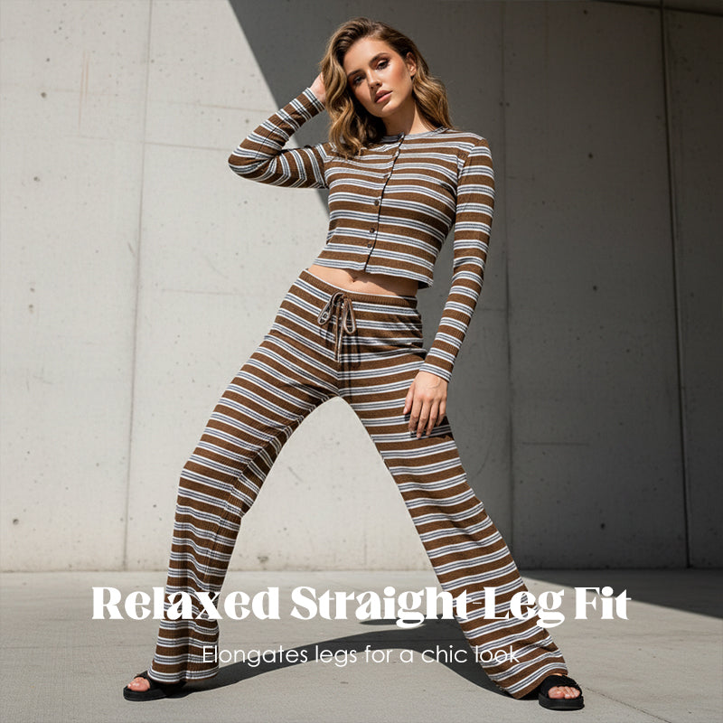 💎54% RABATT! 💎 Damen gestreiftes Strick-2-teiliges Set – Weiches Stretchgewebe, Knopf-Crop-Top & Hosenträgerhose mit Kordelzug