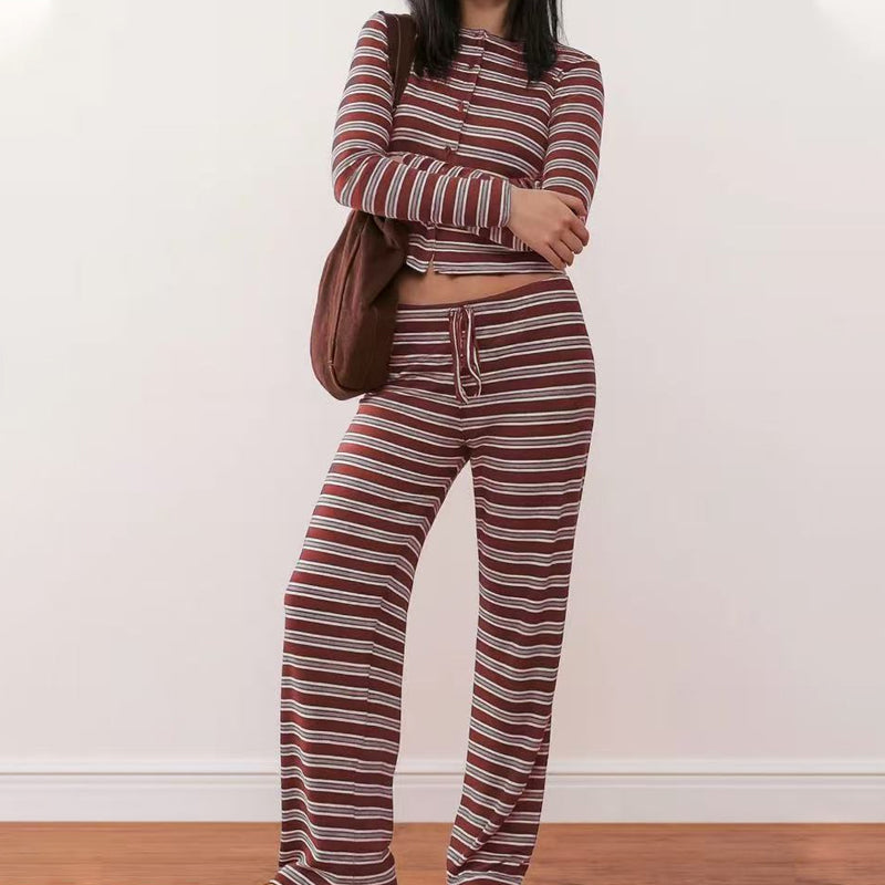 💎54% RABATT! 💎 Damen gestreiftes Strick-2-teiliges Set – Weiches Stretchgewebe, Knopf-Crop-Top & Hosenträgerhose mit Kordelzug