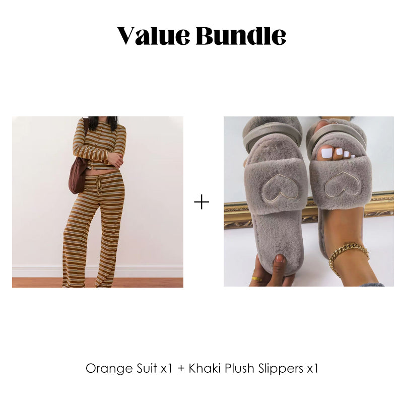 💎54% RABATT! 💎 Damen gestreiftes Strick-2-teiliges Set – Weiches Stretchgewebe, Knopf-Crop-Top & Hosenträgerhose mit Kordelzug