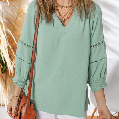 👚 50% RABATT! 🌸 Elegante Boho-Bluse mit V-Ausschnitt & Laternenärmeln – Luftig, Leicht & Figurumschmeichelnd für Einen Romantischen Look ✨