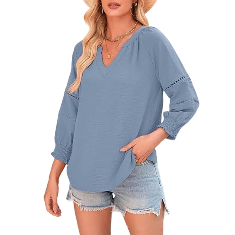 👚 50% RABATT! 🌸 Elegante Boho-Bluse mit V-Ausschnitt & Laternenärmeln – Luftig, Leicht & Figurumschmeichelnd für Einen Romantischen Look ✨