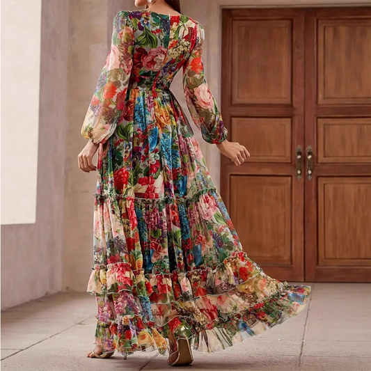 Romantisches Blumenkleid mit V-Ausschnitt und Laternenärmeln👗