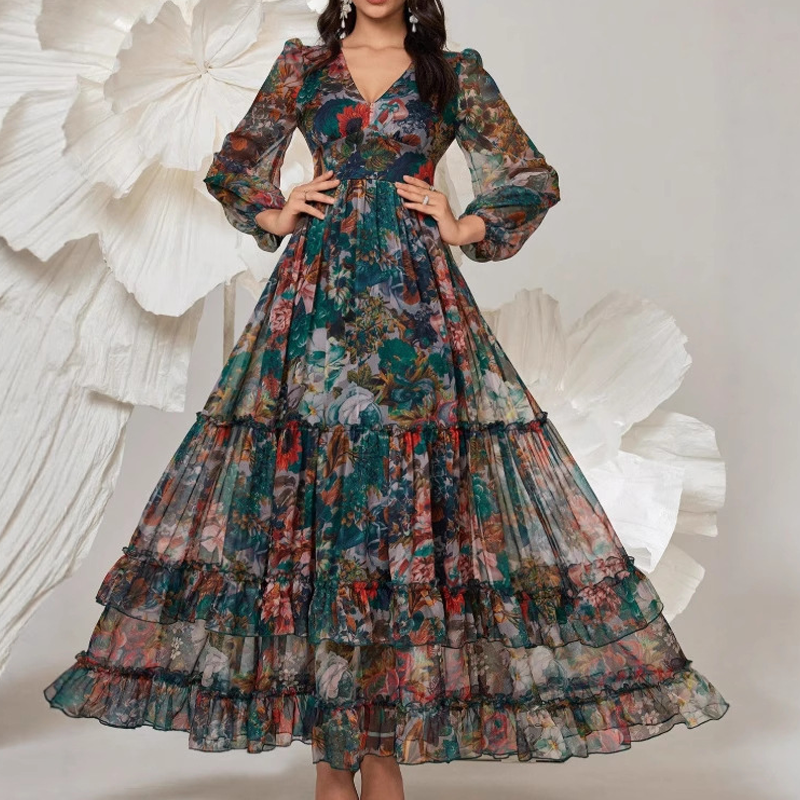 Romantisches Blumenkleid mit V-Ausschnitt und Laternenärmeln👗
