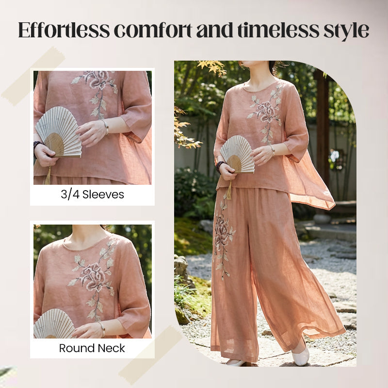 🌸 Vintage-Stickerei Set – Atmungsaktives Baumwoll-Leinen, 3/4-Ärmel & Weite Hose Für Einen Eleganten Look 💃