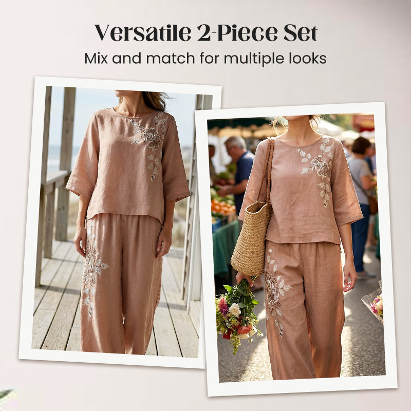 🌸 Vintage-Stickerei Set – Atmungsaktives Baumwoll-Leinen, 3/4-Ärmel & Weite Hose Für Einen Eleganten Look 💃