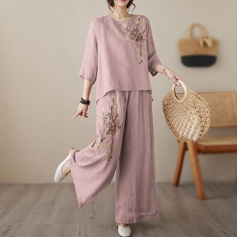 🌸 Vintage-Stickerei Set – Atmungsaktives Baumwoll-Leinen, 3/4-Ärmel & Weite Hose Für Einen Eleganten Look 💃