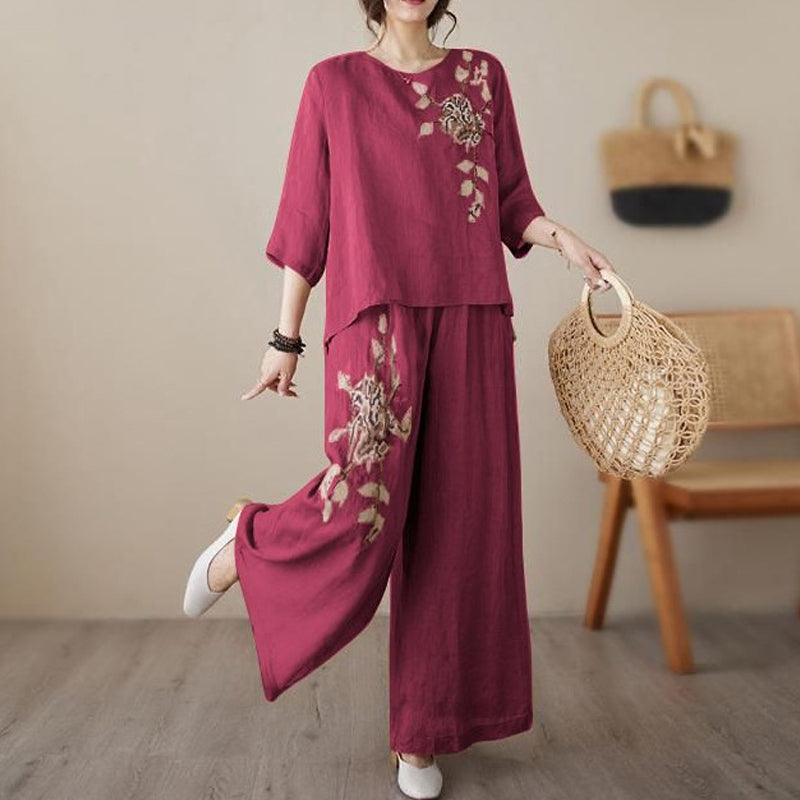 🌸 Vintage-Stickerei Set – Atmungsaktives Baumwoll-Leinen, 3/4-Ärmel & Weite Hose Für Einen Eleganten Look 💃