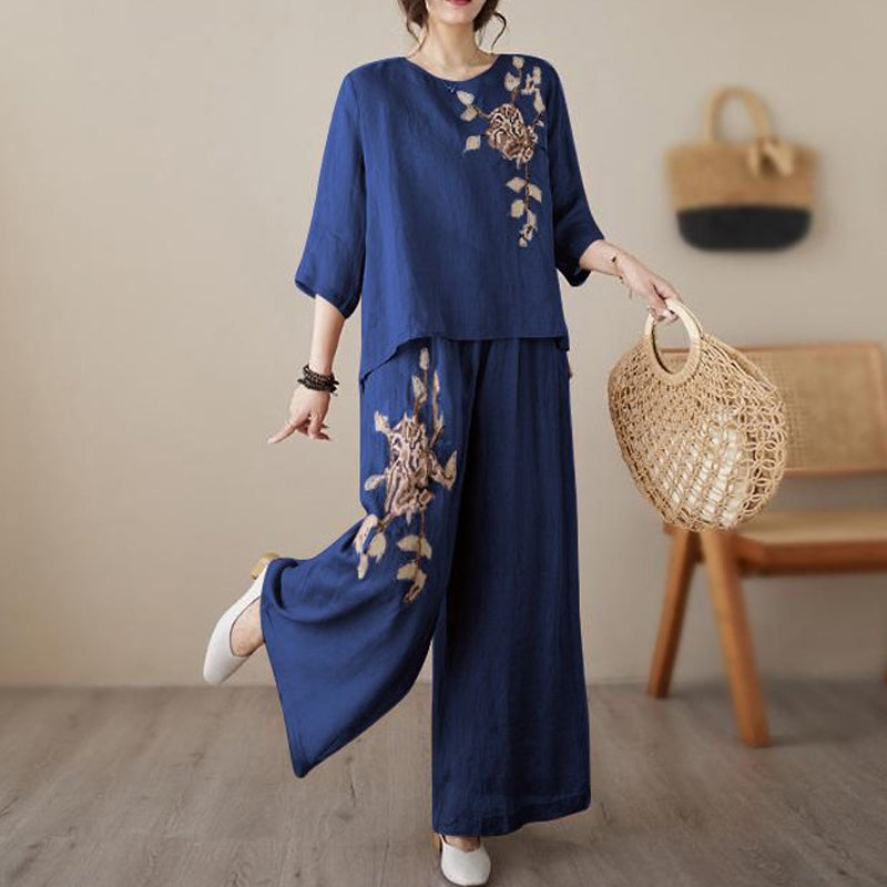🌸 Vintage-Stickerei Set – Atmungsaktives Baumwoll-Leinen, 3/4-Ärmel & Weite Hose Für Einen Eleganten Look 💃