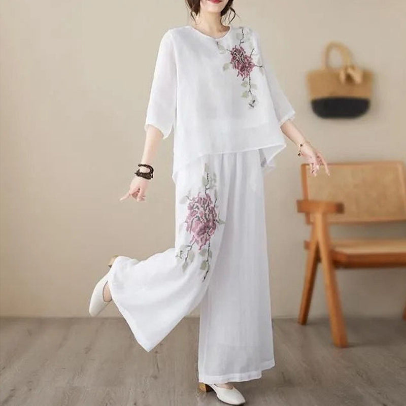 🌸 Vintage-Stickerei Set – Atmungsaktives Baumwoll-Leinen, 3/4-Ärmel & Weite Hose Für Einen Eleganten Look 💃