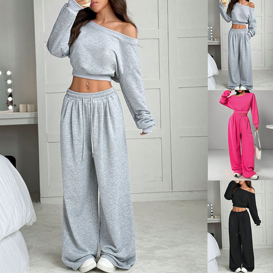 Damen-Off-Shoulder-Sweatshirt- und Wide-Leg-Hose-Set
