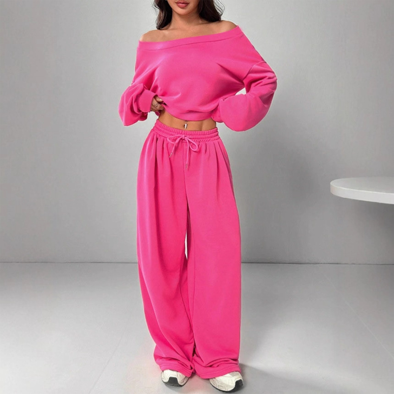 Damen-Off-Shoulder-Sweatshirt- und Wide-Leg-Hose-Set