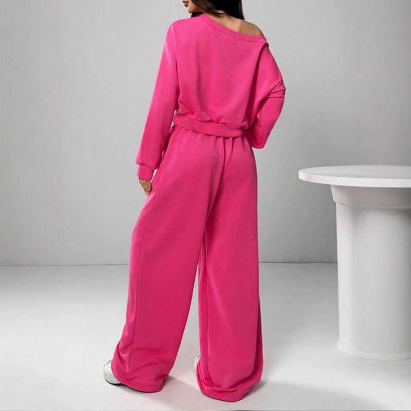 Damen-Off-Shoulder-Sweatshirt- und Wide-Leg-Hose-Set