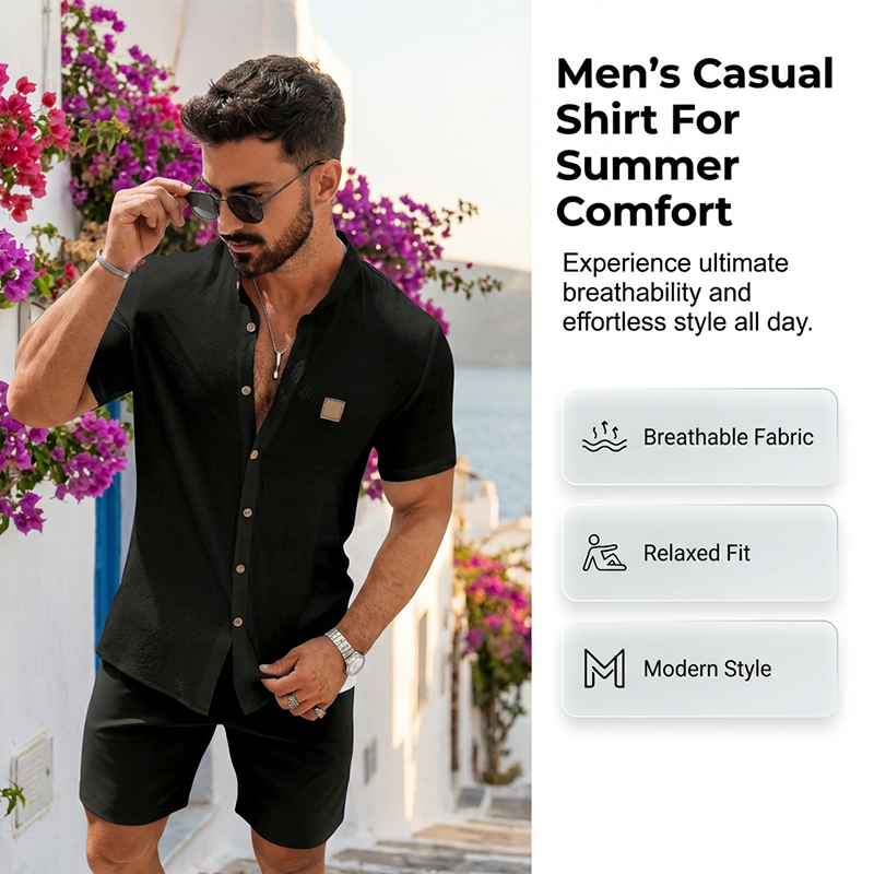 👔 50% RABATT! 🌞 Modernes Stehkragen-Hemd – Atmungsaktives Herren Kurzarmhemd im Relaxed Fit Für Einen Lässigen & Stilvollen Look 👕