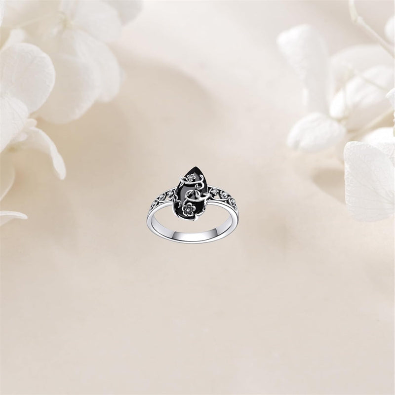 🖤 Silberfarbener Boho-Ring mit schwarzem Tropfenstein und Rankenmuster