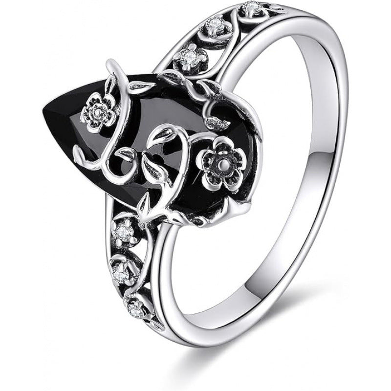 🖤 Silberfarbener Boho-Ring mit schwarzem Tropfenstein und Rankenmuster