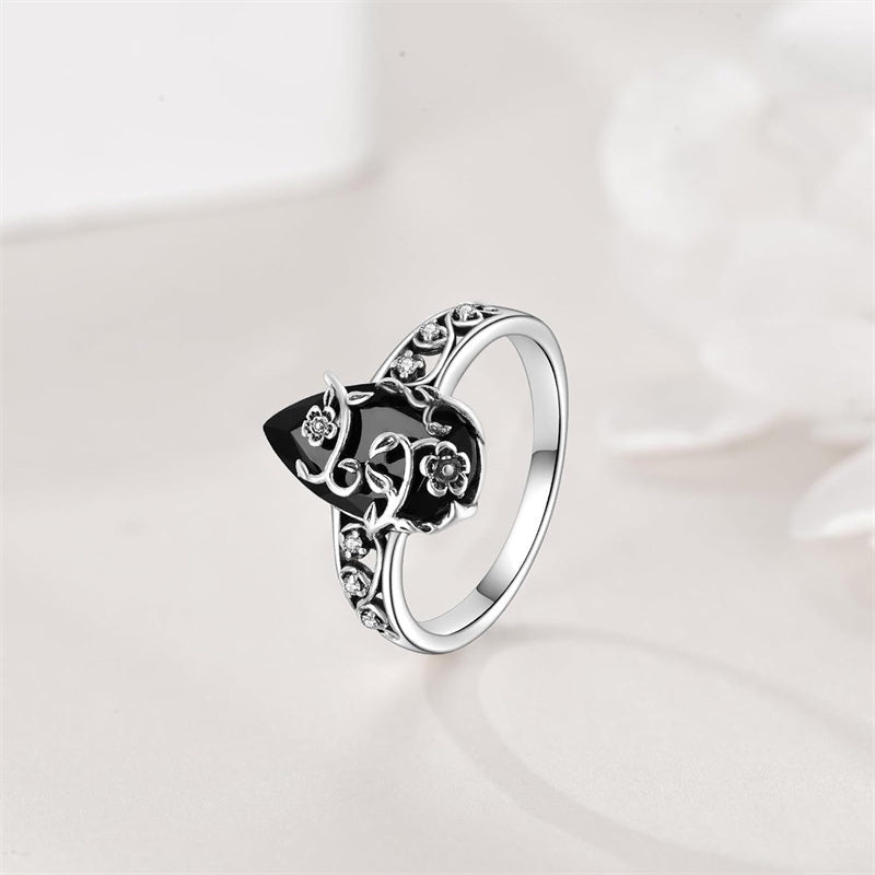🖤 Silberfarbener Boho-Ring mit schwarzem Tropfenstein und Rankenmuster