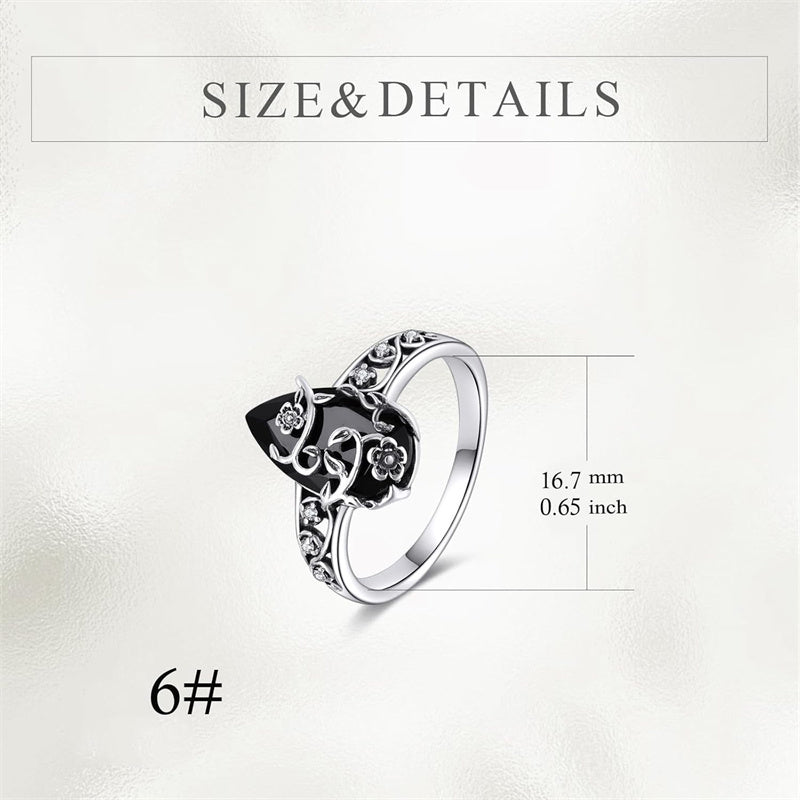 🖤 Silberfarbener Boho-Ring mit schwarzem Tropfenstein und Rankenmuster