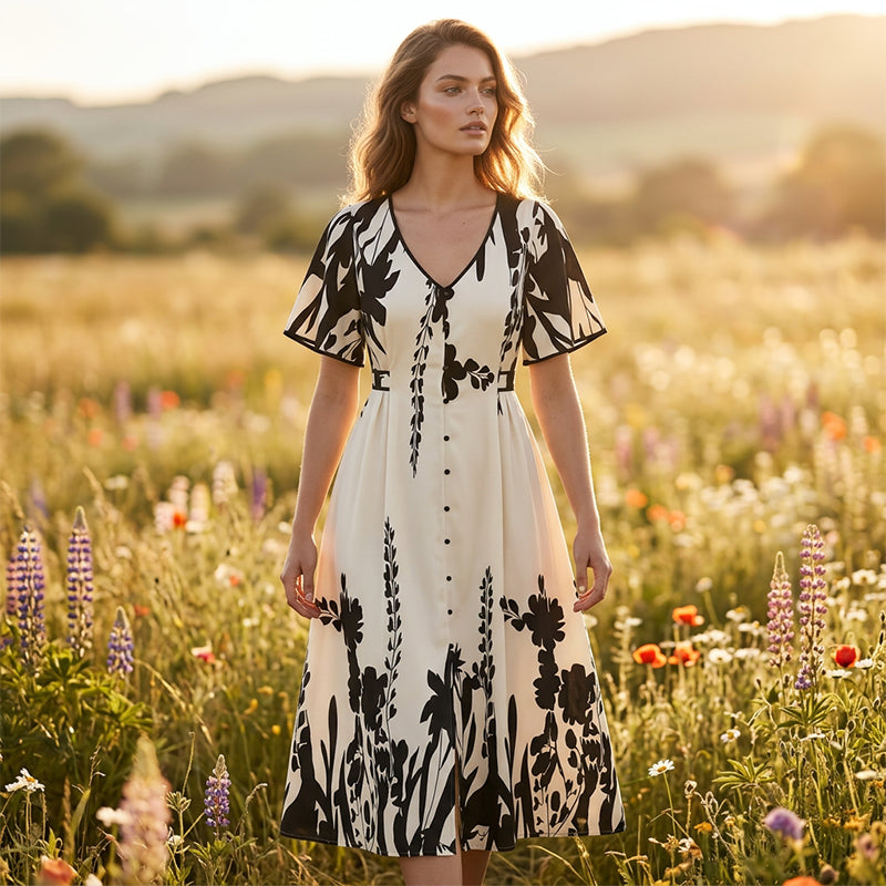👗Sonderangebot für nur 29,99 €!!🌿 Elegantes Botanisch Bedrucktes V-Ausschnitt-Midikleid – Leicht, Vielseitig & Perfekt Für Jeden Anlass 🌸