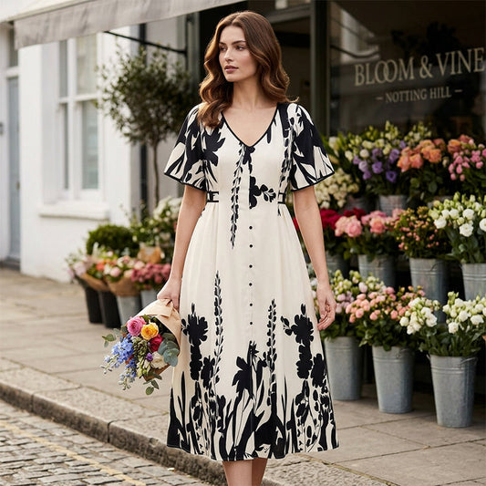 👗Sonderangebot für nur 29,99 €!!🌿 Elegantes Botanisch Bedrucktes V-Ausschnitt-Midikleid – Leicht, Vielseitig & Perfekt Für Jeden Anlass 🌸