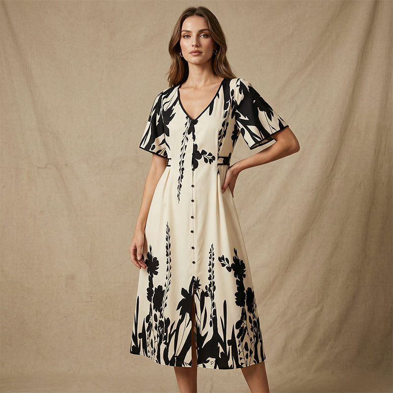 👗Sonderangebot für nur 29,99 €!!🌿 Elegantes Botanisch Bedrucktes V-Ausschnitt-Midikleid – Leicht, Vielseitig & Perfekt Für Jeden Anlass 🌸