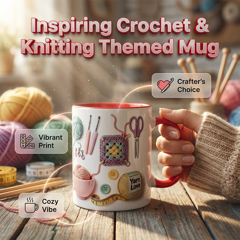 Keramik-Kaffeetasse mit Häkel- und Strickmotiv