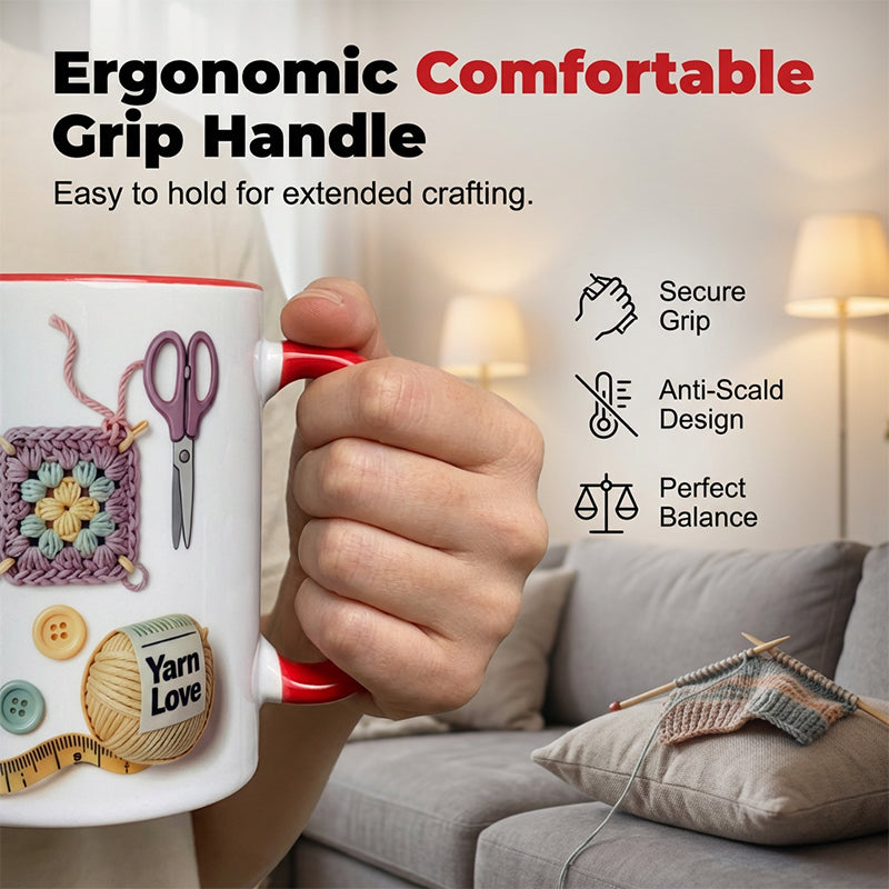 Keramik-Kaffeetasse mit Häkel- und Strickmotiv