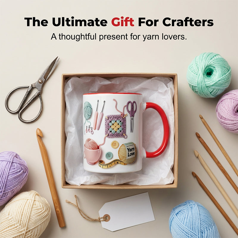 Keramik-Kaffeetasse mit Häkel- und Strickmotiv