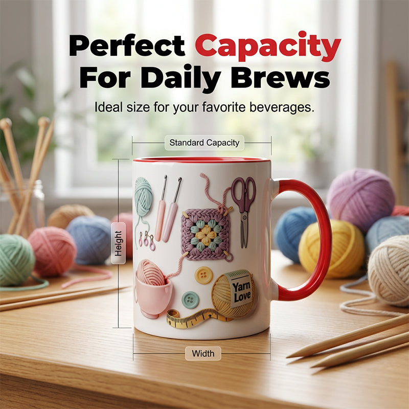 Keramik-Kaffeetasse mit Häkel- und Strickmotiv