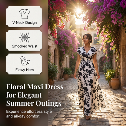 👗Maxikleid mit Blumenmuster, V-Ausschnitt und geraffter Taille