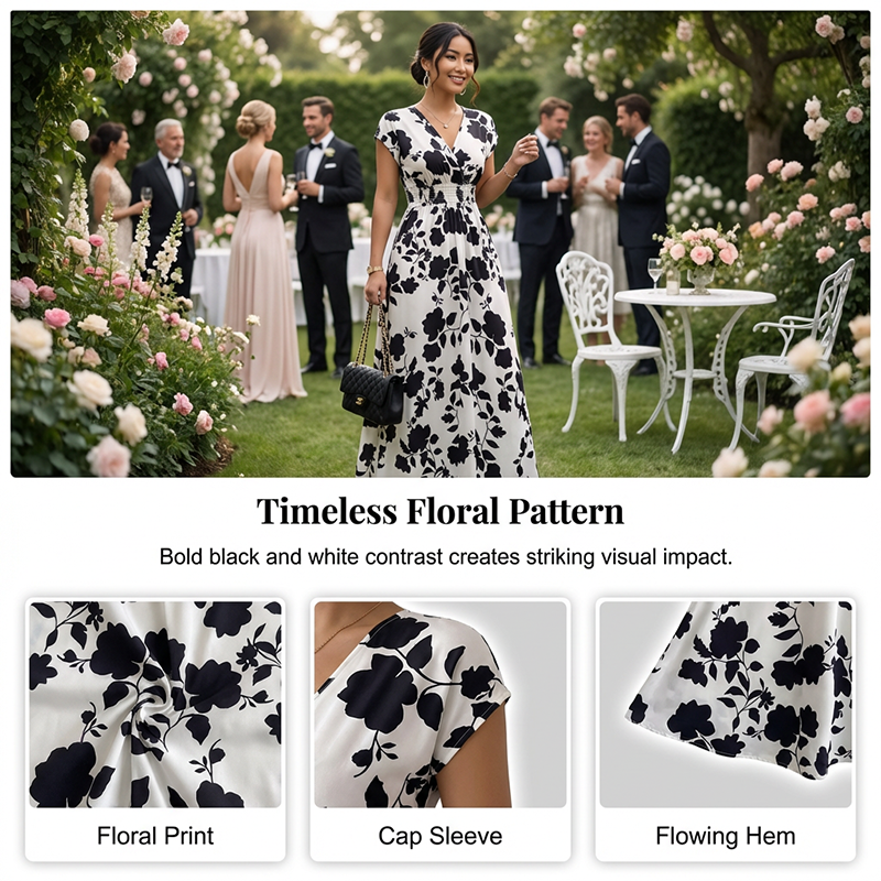 👗Maxikleid mit Blumenmuster, V-Ausschnitt und geraffter Taille