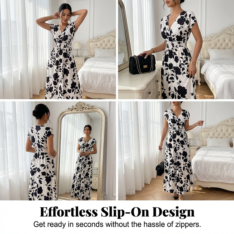 👗Maxikleid mit Blumenmuster, V-Ausschnitt und geraffter Taille