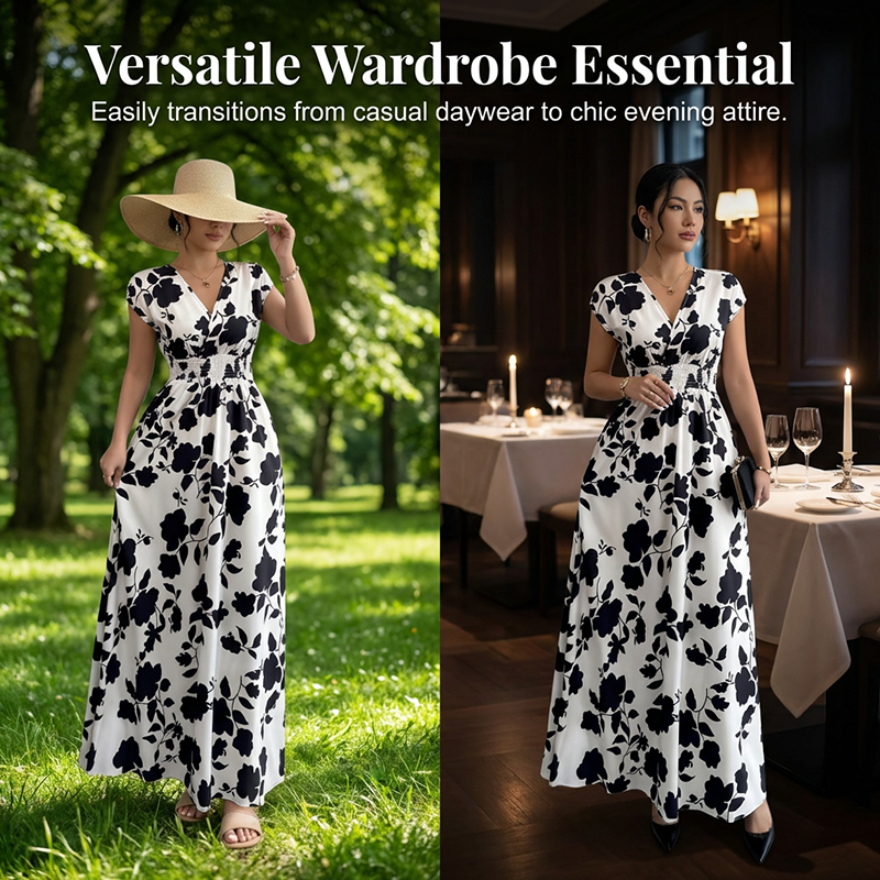 👗Maxikleid mit Blumenmuster, V-Ausschnitt und geraffter Taille