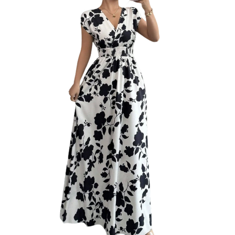 👗Maxikleid mit Blumenmuster, V-Ausschnitt und geraffter Taille