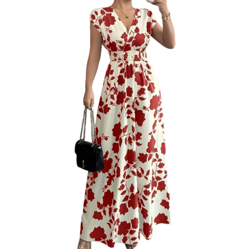 👗Maxikleid mit Blumenmuster, V-Ausschnitt und geraffter Taille