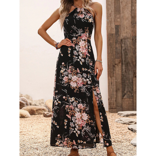 👗🌺 Halterkleid mit Schlitz und Blumenmuster – 50% RABATT! Sinnlich, leicht & perfekt für Sommer, Strand oder festliche Anlässe 🌸