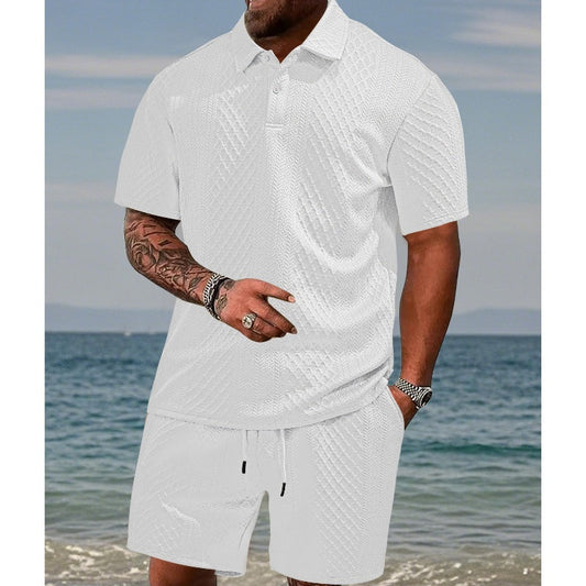 Herren-Zweiteiler mit Rautenstruktur: Kurzarmhemd mit Kragen & Shorts mit Kordelzug🌊