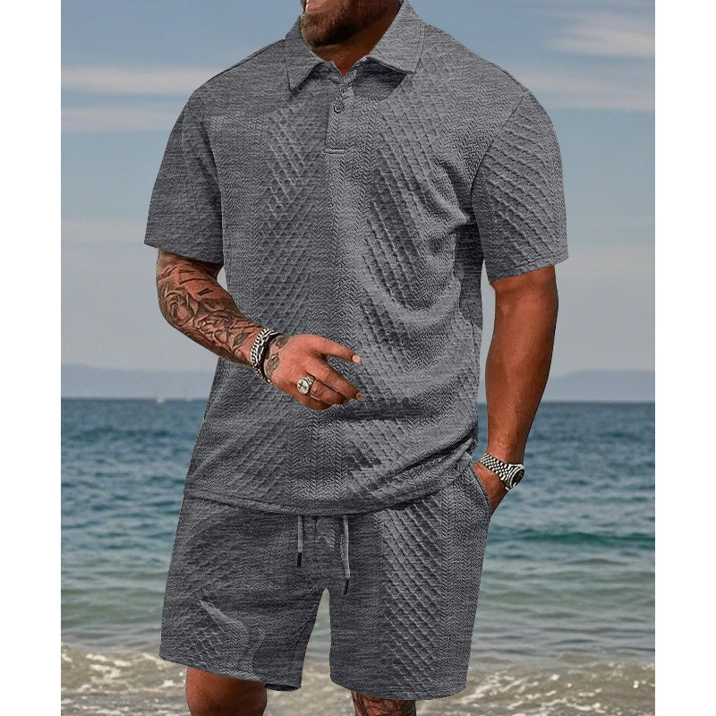 Herren-Zweiteiler mit Rautenstruktur: Kurzarmhemd mit Kragen & Shorts mit Kordelzug🌊