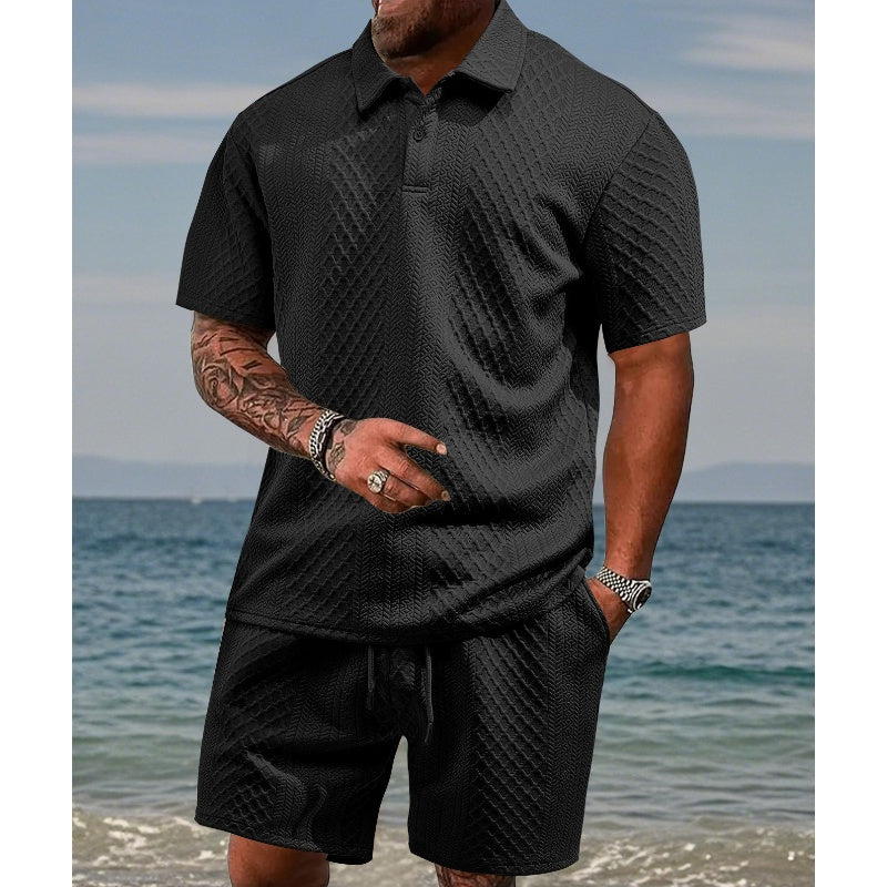 Herren-Zweiteiler mit Rautenstruktur: Kurzarmhemd mit Kragen & Shorts mit Kordelzug🌊