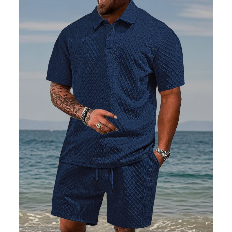 Herren-Zweiteiler mit Rautenstruktur: Kurzarmhemd mit Kragen & Shorts mit Kordelzug🌊