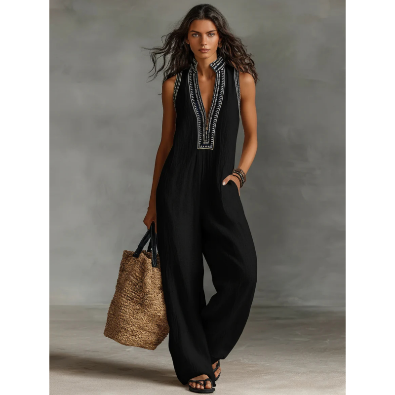 🔥Damen ärmelloser V-Ausschnitt Weitbein-Jumpsuit✨