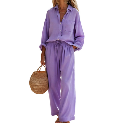 Freizeit-Set für Damen – zweiteilig, locker geschnitten, langärmlig, aus pflegeleichter Baumwoll-Leinen-Optik – bequem für Alltag & Zuhause