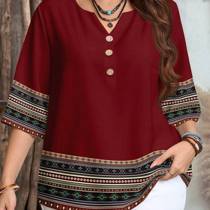 👔 LIMITED-TIME 60% RABATT! ✨ V-Neck Bluse – Leicht, Mit Knopfleiste, Geometrischem Besatz, Vielseitig 🍂