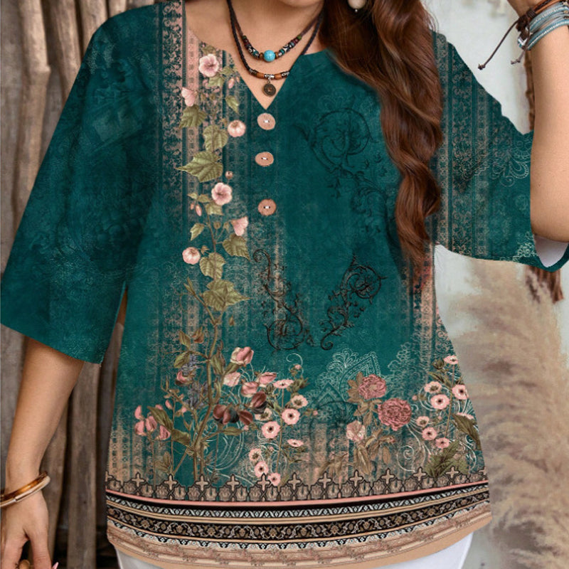 👔 LIMITED-TIME 60% RABATT! ✨ V-Neck Bluse – Leicht, Mit Knopfleiste, Geometrischem Besatz, Vielseitig 🍂